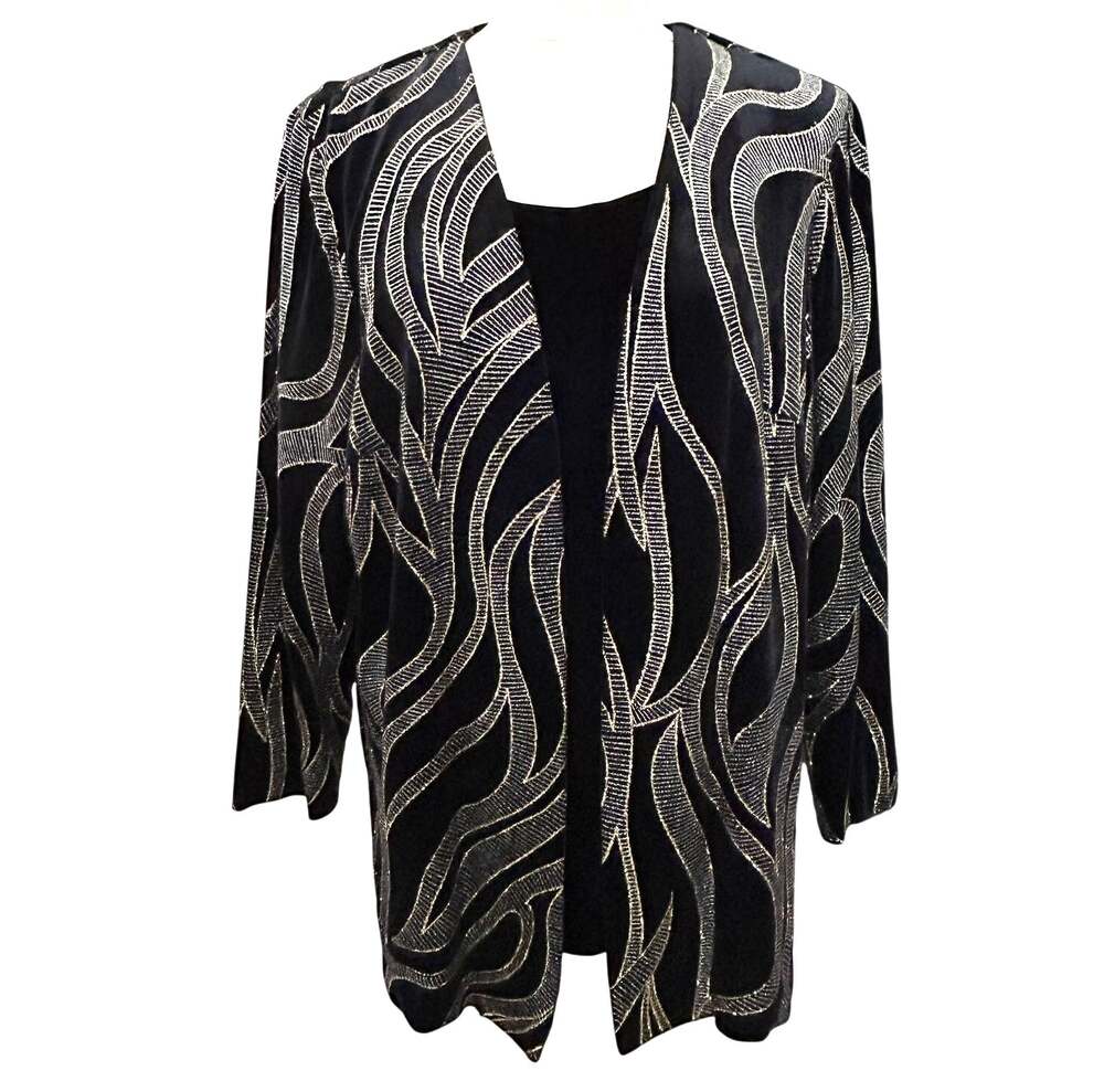 90s Vintage Black Velvet Silver Embroidered Blazer Jacket 16P 16 Petite Holiday